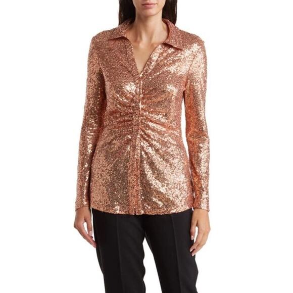 DR2 by Daniel Rainn Shirt Sequin Ruched Long Sleeve Button-Up Copper Rose NWT S - Picture 1 of 6
